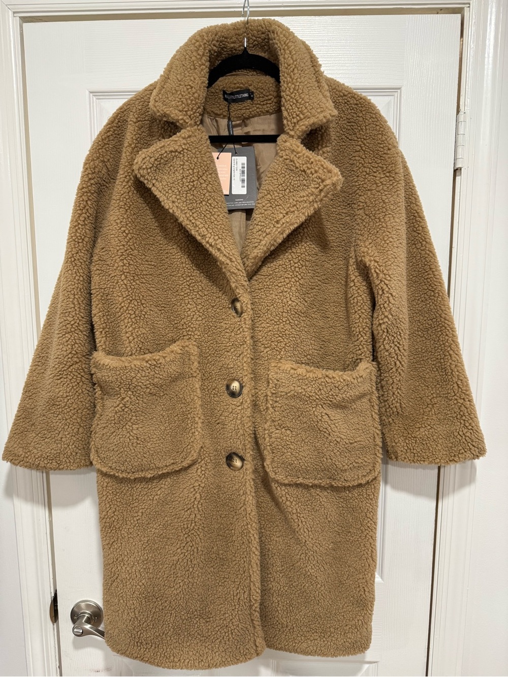 PrettyLittleThing Camel Teddy Shearling Button Coat